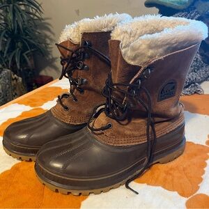 Vintage Sorel Kaufman Canada Suede Duck Boots Faux Fur Lined Brown